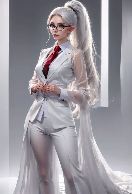 Full body Fantasy young tall elf woman, very long legs, medium breasts, saggy breasts, in an elegant white office jacket and pants, red necktie, very tight black silk gilet over a white see through linen shirt, braless, black thin glasses, sharp glare, fingers on glasses, very long white hair in a straight ponytail long under her buttocks.
Studio light, gray background.
Hyper realistic, HDR, 8K, Trending on Artstation, very detailed, sharp