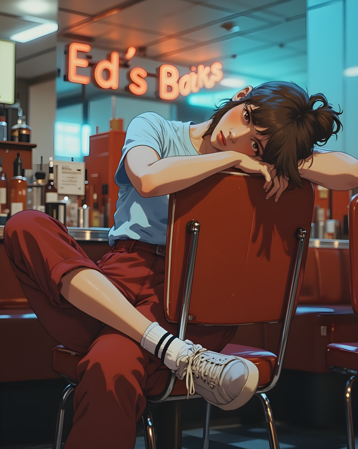 The scene unfolds in a cozy diner, its ambiance warm and inviting. The subject sits casually on a red chair, her posture relaxed yet expressive. She leans back, resting her head against the chair's cushion, her arms draped over the top as though she is momentarily lost in thought or perhaps feeling weary. Her expression is soft, almost contemplative, with a hint of melancholy that adds depth to the moment.
Her outfit is vibrant and playfulâa light blue T-shirt paired with bold red pants, which stand out vividly against the muted tones of the background. Her sneakers, adorned with white socks featuring black stripes, add a touch of casual coolness to her look. Her hair is neatly tied into a bun, giving her an air of effortless style.
Behind her, the neon sign of "Ed's" glows brightly, casting a warm orange hue that illuminates the space. The blurred backdrop suggests a classic diner setting, complete with shelves stocked with condiments and other nostalgic details. The overall atmosphere feels both intimate and nostalgic, capturing a quiet, candid moment in what appears to be a familiar and comforting environment., <lora:FLUX\jul\J_Anime:0.7>, <lora:FLUX\RealAnime:0.7>