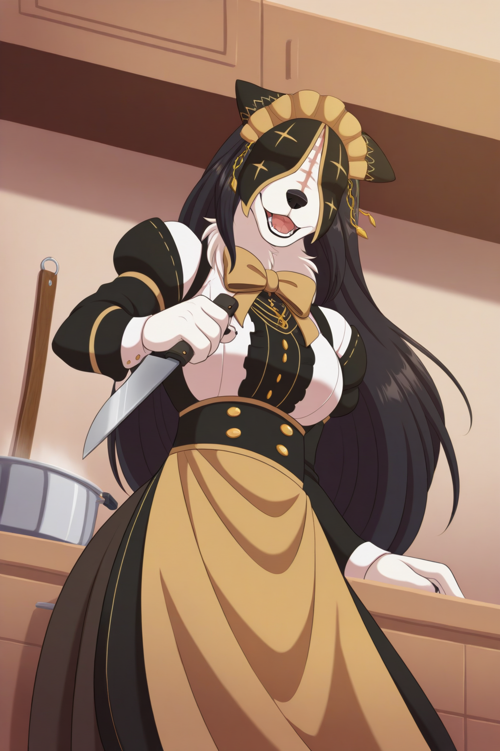 (masterpiece, best quality, absurdres, hires), pestonya, 1girl, solo, maid, dress, covered eyes, covered ears, scar, headdress, neck tuft, black hair, long hair, furry female, anthro, detailed, bowtie, long skirt, apron, cowboy shot, indoors, detailed background, kitchen, holding knife, cooking, singing, open mouth, dutch angle, dancing, anime coloring, outlines, ,