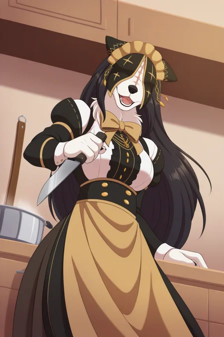 (masterpiece, best quality, absurdres, hires), pestonya, 1girl, solo, maid, dress, covered eyes, covered ears, scar, headdress, neck tuft, black hair, long hair, furry female, anthro, detailed, bowtie, long skirt, apron, cowboy shot, indoors, detailed background, kitchen, holding knife, cooking, singing, open mouth, dutch angle, dancing, anime coloring, outlines, ,