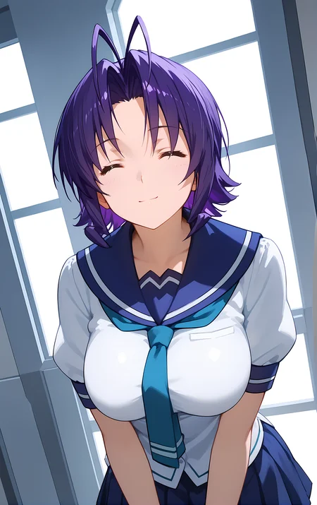 (score_9, score_8_up, score_7_up), standing, leaning forward, looking at viewer, light smile, closed mouth, shiny skin, tight clothes,
ohwx, 1girl, solo, closed_eyes, short_hair, blue_hair, purple_hair, antenna_hair, breasts, large_breasts,
school_uniform, skirt, serafuku, pleated_skirt,
space station,
cowboy shot, dutch angle, close-up,
 <lora:yuuka_amato_pony_ss:1>