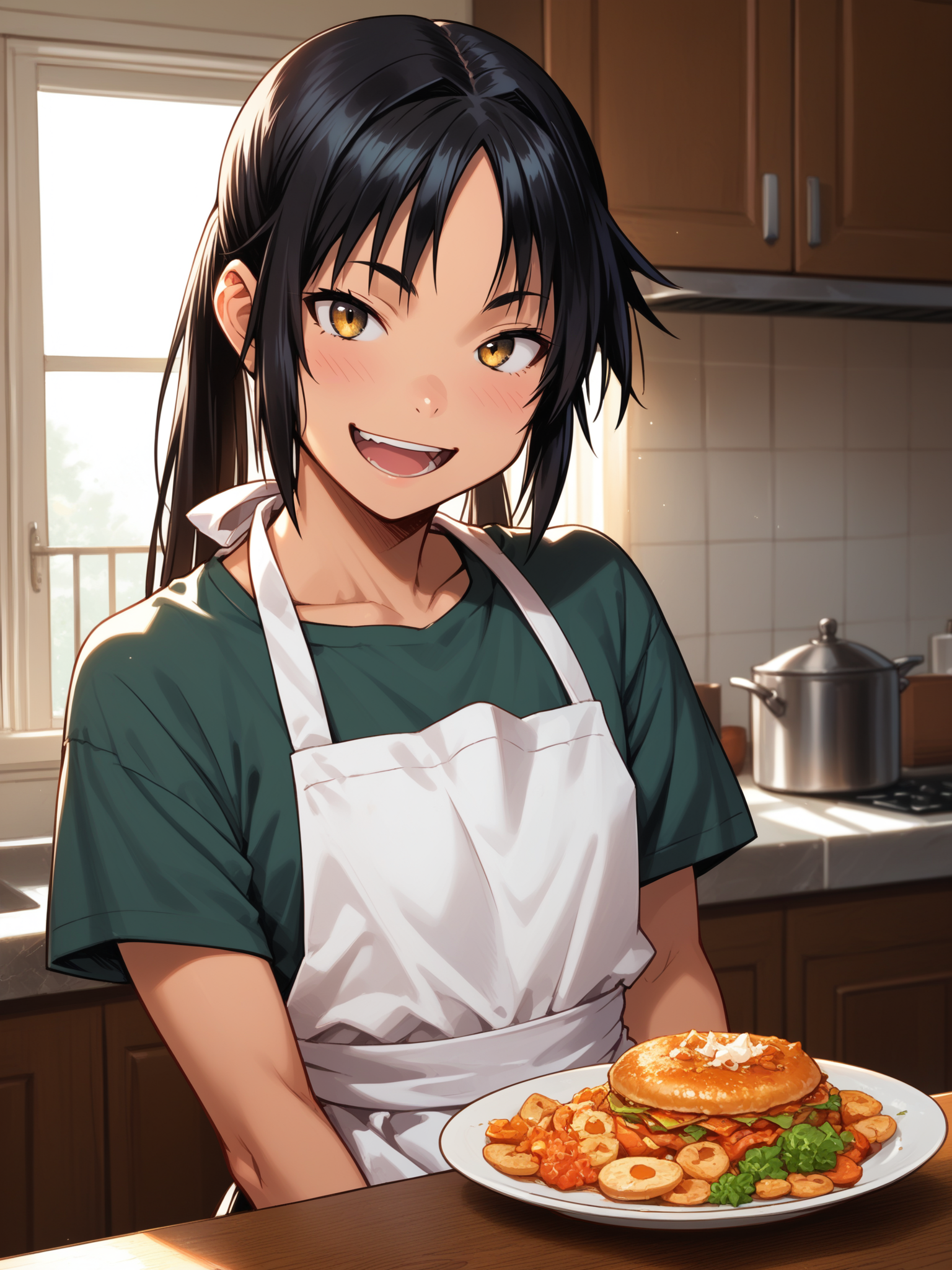(upper body, solo focus:1.2) <lora:happy_tentacle-hinata-v0.1-000051:1>, ht_hinata, black hair, petite, <lora:Shed_The_Skin's StS_age_slider_v1_initial_release:-1.3> ( :1.1) ( ( head tilt :0.8) , , ( :1.2) , crazy smile , :1.2) , indoors, ((dawn :0.6), :0.8), ( window :0.9), (furniture:0.9), loaded interior , , , , (gothic architecture :0.9), kitchen, apron ( :0.8) score_9, score_8_up, score_7_up, score_6_up, score_5_up, score_4_up, ( [(realistic, photorealistic:1.3):(realistic:1.2):16] [(3d:1.2)::14] :1) <lora:LUUNA's Lunas-NijiJourney-SDXL-B2:0.35>, nijijourney <lora:prgfrg23's Counterfeit-V3.0 Style SDXL_LoRA_Pony Diffusion V6 XL:0.5> <lora:mfcg's mfcgXL:0.12> <lora:reweik's gyokai(himehajime)_PonyXL_style_v01:0.14>