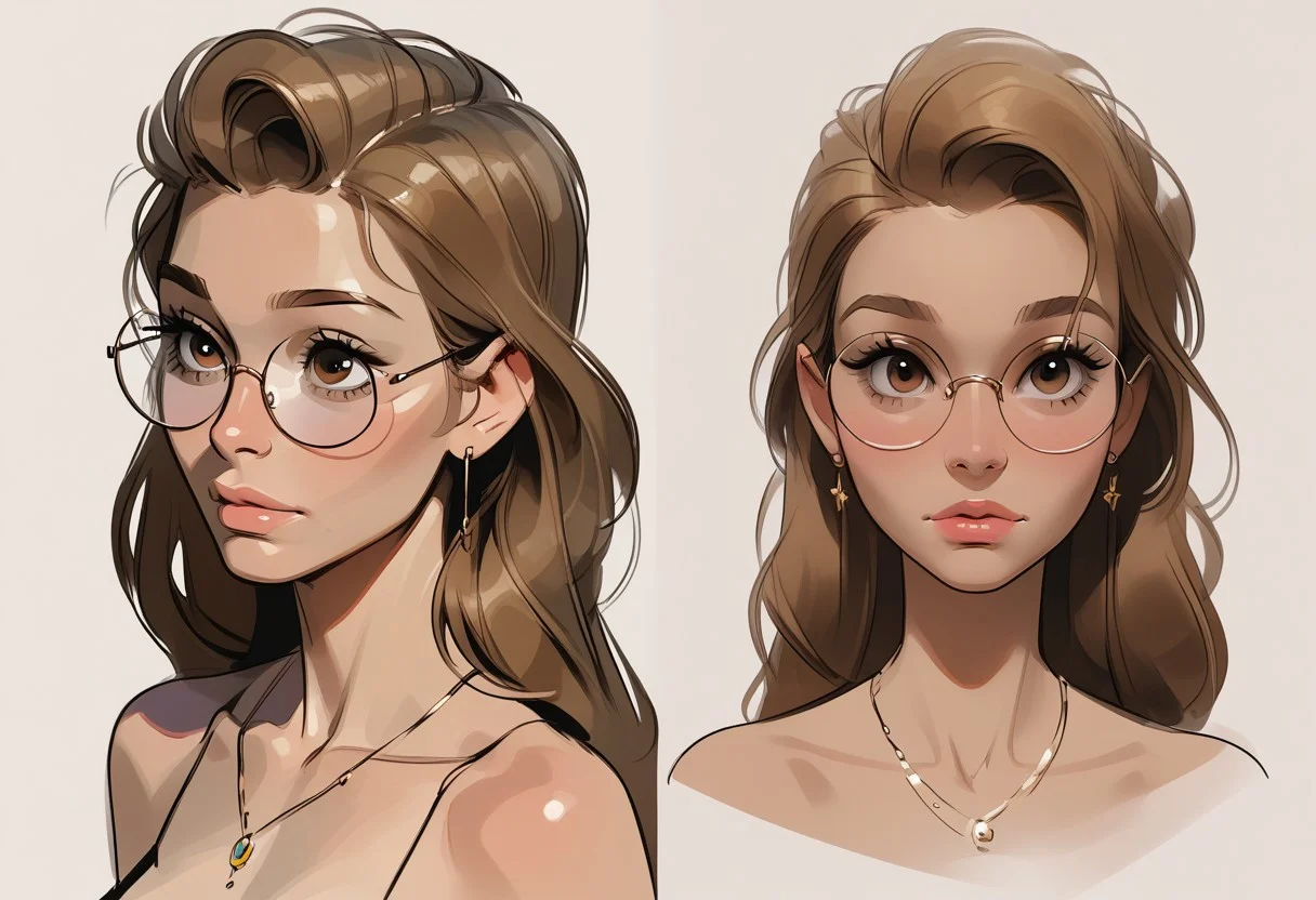 score_9, score_8_up, score_7_up, score_6_up, 1woman, , (big eyes:0.5), (cute face), gorgeous woman ,smaller neck, (mature woman), long hair, (anniehigmnf), light golden brown hair, brown eyes portrait, multiple views, flat-coloring, flat-shadows, thick-lines,, sketch-style, round glasses, small breasts, saggy boobs, puffy nipples