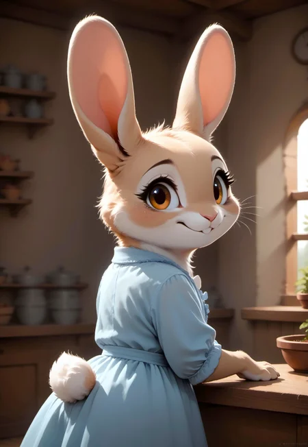 score_9, score_8_up, score_7_up, score_6_up, score_5_up, score_4_up, 

[][][][],

kftenhance,, (solo), (((rabbit))), (beige fur, brown eyes), (dressing gown), (rabbit standing in front of her dressing table in the morning), (rabbit tail),

[][][][],

(cute, feral:2), (smile, tired expression:2), 

[][][][],

indoors, bedroom, (vanity table), (looking back, looking at viewer:1.7), from behind, simple background, (upper body shot, head focus), (morning, sunrise:1.5), coffee,