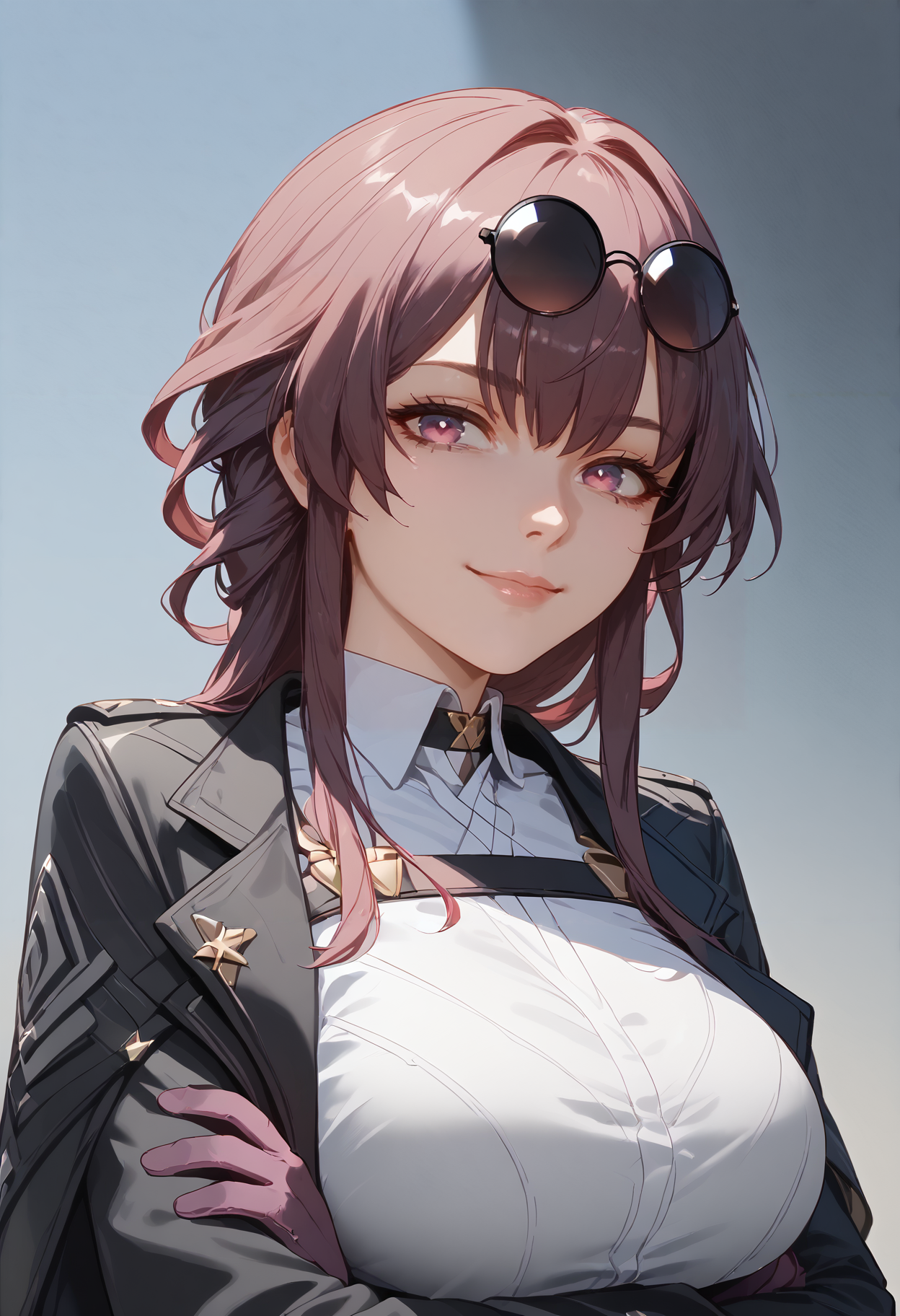 score_9,score_8_up,score_7_up,score_6_up <lora:kafka xl v1:1> kafka hsr, 1girl, solo, gloves, eyewear on head, breasts, sunglasses, looking at viewer, smile, bangs, closed mouth, upper body, shirt, long sleeves, jacket, purple gloves, white shirt, large breasts, long hair, black jacket, choker,smile, crossed arms,