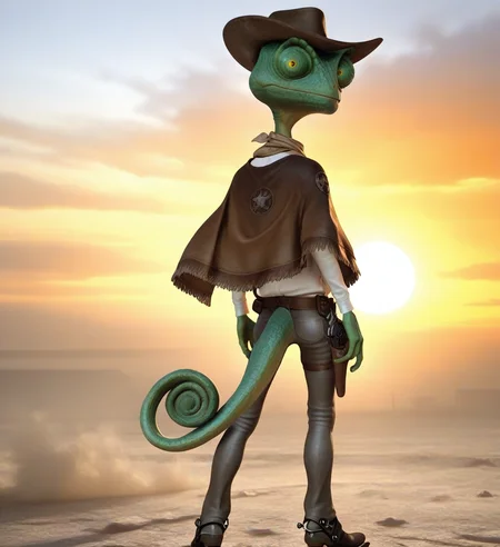 high resolution, best quality, 4k, 3d render, solo, male, full body, rear view, looking back, holstered pistol, holster, holding cowboy hat, tan scarf, white shirt, brown poncho, grey jeans, spurs, wind, dust cloud, sunset, backlighting, wild west background, <lora:Rango_-_Rango_IL:0.9> r4ng0, chameleon, green skin, scalie, bald, long neck, crooked neck, 4 fingers, yellow eyes, bulbous eyes, tail, curled tail
