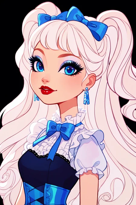 score_9, score_8_up, score_8, <lora:everafterhigh:0.8>, everafterhigh, 1girl, solo, blue eyes, long hair, looking at viewer, bow, jewelry, earrings, hair bow, blue bow, blue ribbon, ribbon, upper body, red lips, white hair, dress, two side up, frills, black dress, closed mouth, makeup, black background, eyelashes, simple background, hair ribbon, bowtie, center frills, neck ribbon
