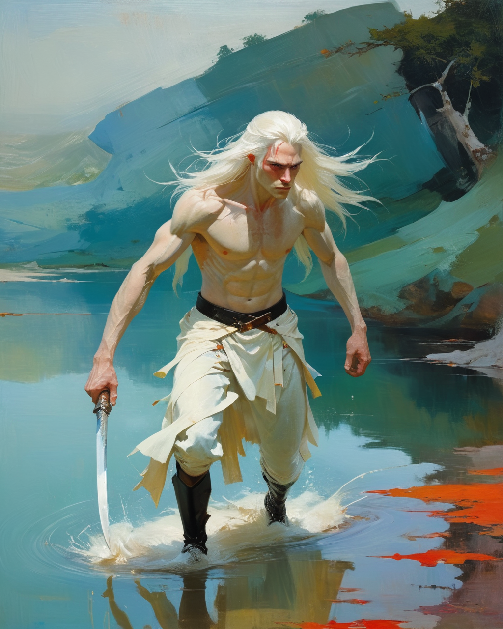male warrior rushing in my direction brandishing a bone-white blade, long white hair shedding sparkling motes, transparency, intense colors, water, reflections, a gaze like cold pressure, a background of a fantastic fantasy land, <lora:add-detail-xl:1.0>  <lora:xl_more_art-full_v1:0.5>  <lora:Euan Uglow Style:1> Euan Uglow Style page