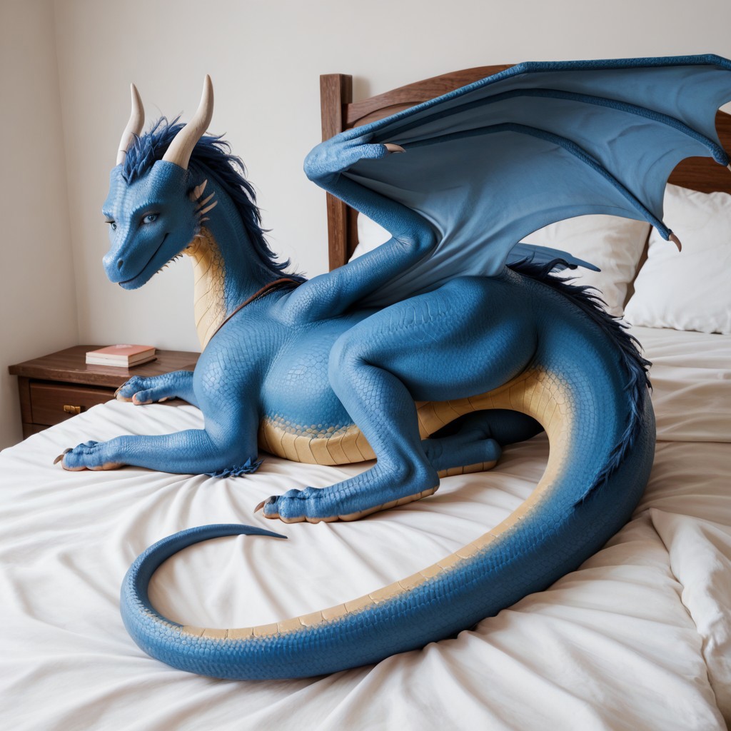 core_9, score_8_up, score_7_up, score_6_up, masterpiece, high quality, realistic, detailed, best quality, 1girl, solo, rating_safe, source_furry, bedroom, smiling, seductive, looking at viewer, on bed, negative_hand, full body, feral, Saphira_eragon, dragon, blue scales, feathered wings, horns, tail, blue eyes, feral, female, 1girl