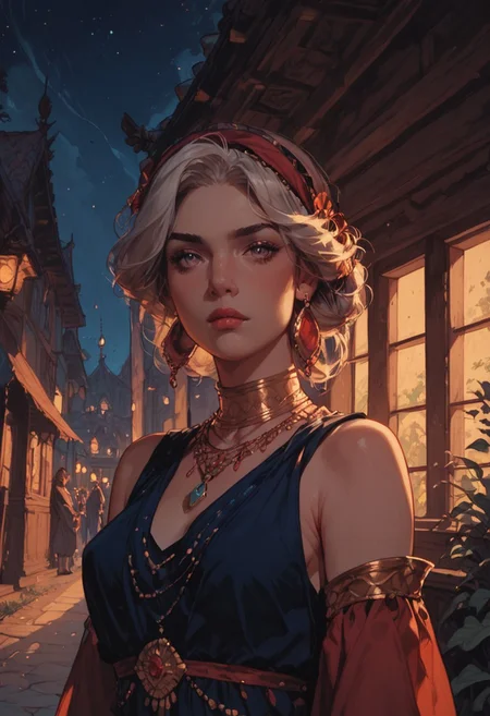 score_9, score_8_up, score_7_up, half Body of a gypsy spanish woman in flamenco clothes, charismatic, curvy, aesthetic , Mysterious, dark, moody, dark fantasy style, outdoor, night, perfect composition