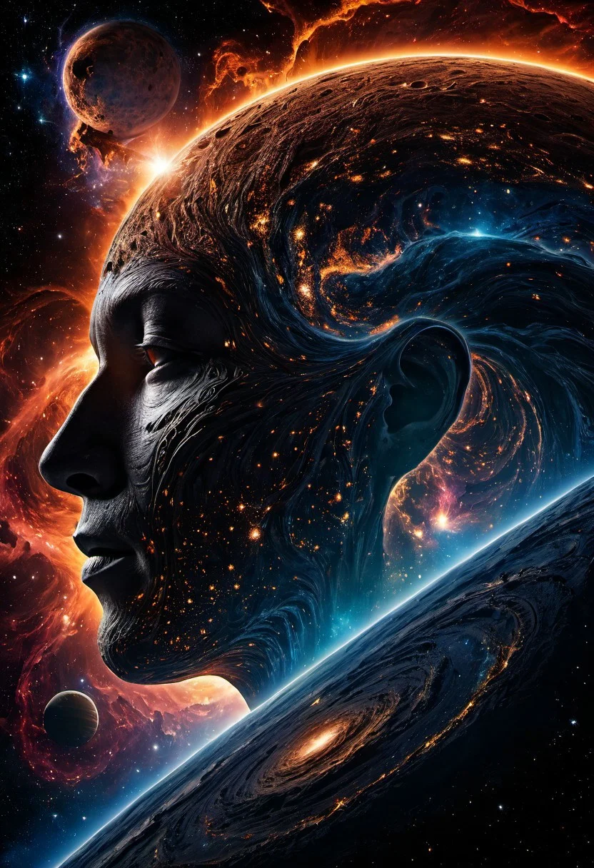 In the vast emptiness of the interstellar void, two omnipotent deities from separate dimensions collide. The Creator, a deity whose face is an ever-evolving canvas of galaxies and life, wields the power of creation, bringing forth stars, planets, and life forms with a wave of their hand. Opposite them stands the Destroyer, a god whose face is a shifting visage of decay and entropy, wielding the power of destruction, disintegrating celestial bodies and extinguishing stars. The clash of creation and destruction is a cosmic spectacle, with galaxies being born and dying in the wake of their unimaginable powers. highest quality, enhanced quality, creative, beautiful, vibrant, masterpiece, 8k, Ultra HD, amazing details, amazing quality, amazing artist, sharp edges, detailed textures, full view, atmospheric lighting, amazing visuals