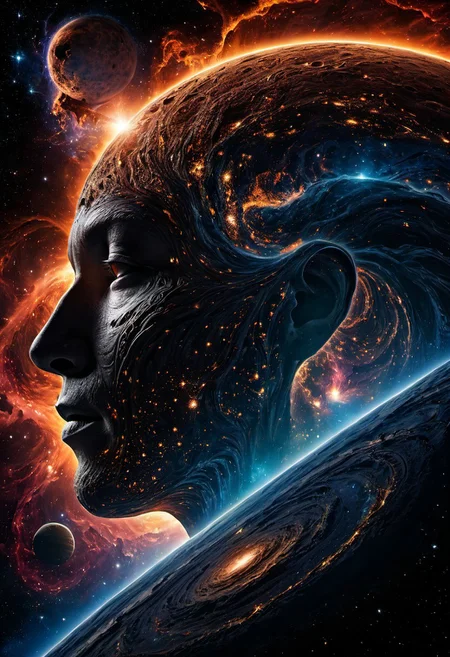 In the vast emptiness of the interstellar void, two omnipotent deities from separate dimensions collide. The Creator, a deity whose face is an ever-evolving canvas of galaxies and life, wields the power of creation, bringing forth stars, planets, and life forms with a wave of their hand. Opposite them stands the Destroyer, a god whose face is a shifting visage of decay and entropy, wielding the power of destruction, disintegrating celestial bodies and extinguishing stars. The clash of creation and destruction is a cosmic spectacle, with galaxies being born and dying in the wake of their unimaginable powers. highest quality, enhanced quality, creative, beautiful, vibrant, masterpiece, 8k, Ultra HD, amazing details, amazing quality, amazing artist, sharp edges, detailed textures, full view, atmospheric lighting, amazing visuals