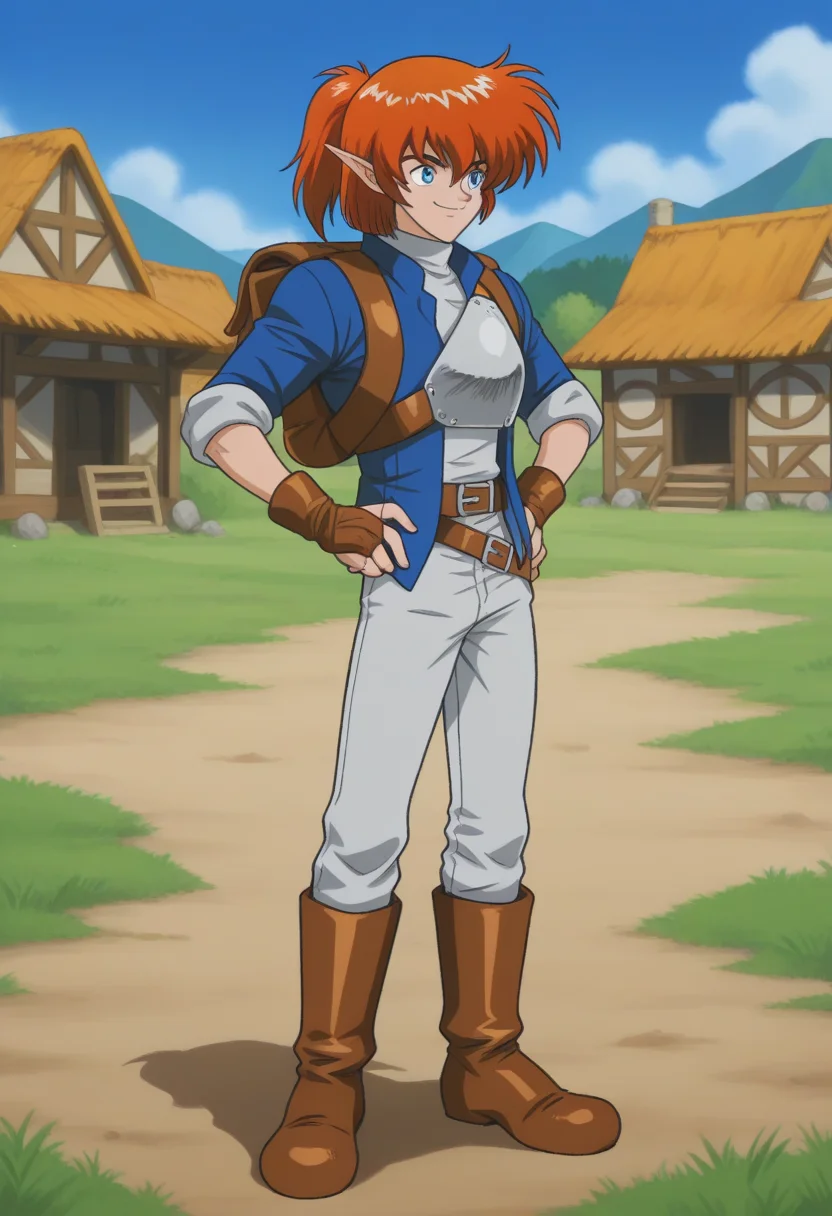 1boy, solo, alundrapsone, orange hair, ponytail, blue eyes, pointy ears, jacket, sleeves rolled up, shirt, turtleneck, armor, belt, backpack, fingerless gloves, pants, boots, outdoors, village, hands on hips, smile, full body, standing,