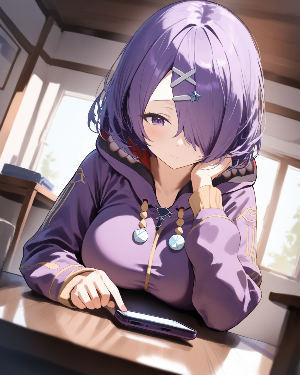 1girl,
KisoAzukiDotLive,
safe, solo, dutch angle, upper body,
hair ornament,
hair over one eye,
purple hoodie,
large breasts,
looking at object, 
smartphone,
room, table,
depth of field,
<lora:kp_KisoAzukiDotLiveAnimagineXL_v1_1:1.0>,
masterpiece, high score, great score, absurdres