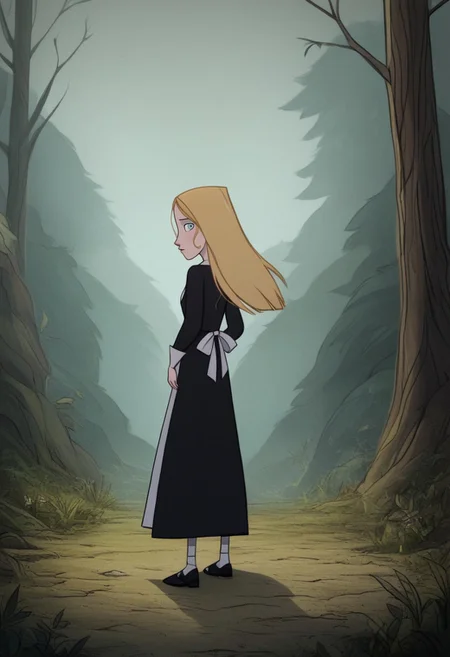 (zPDXL3) source_cartoon, robyn_goodfellow_v2, blonde hair, long hair, solo, from behind, black dress, apron, windy, 1girl, looking back at viewer, dark forest, blue eyes, Hand, detailed, perfect, perfection, hands