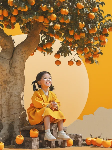 A super happy and cute ancient Chinese little girl ,Sitting Persimmon tree as backgroundï¼yellow tone,abstract picture, surrealism, clear background trend, clear outline light, edge light,fantasy, Dappled light, flat illustration, Disney style, 8k,
