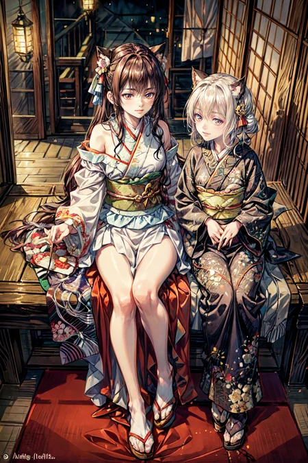 (best quality:1.2), (masterpiece:1.2), (Watercolor style:1.2), (Muted Tone:1.3), Delicate, intricate details, newest, fantasy world, edo period, dark night, midnight, 1girl, seductive, artistic masterpiece, high-leg kimono, bare shoulders, thighs, talking kimono, moving kimono, heated discussion, fun, cats wearing kimono, several cats, at feet, view from above, dynamic angle, dynamic pose, close-up, warm happy reassuring smile, calm soothing look, colorful illustration
  watercolor (medium), traditional media,  wearing kimono_clothes<lora:style19:0.7>,<lora:realistic_kimono_clothes:0.6>