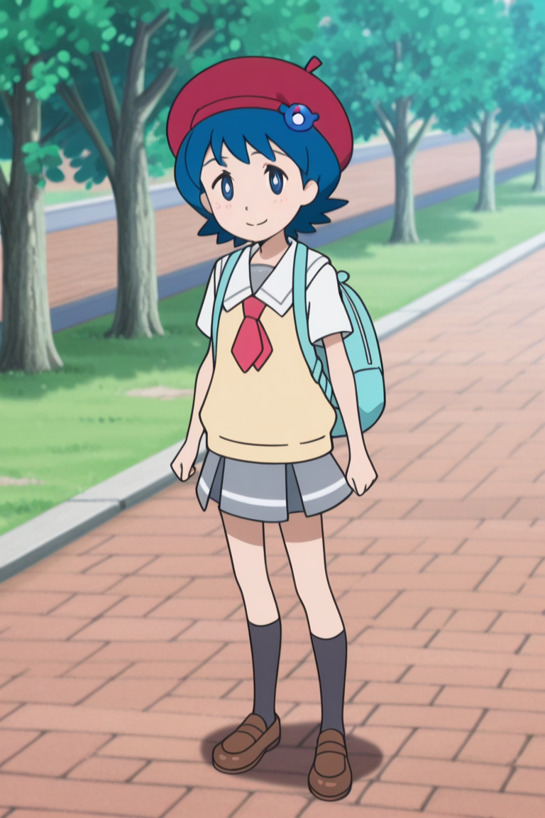 1girl, looking at viewer, smile, outdoors, 
 <lora:lana_scho_magi_1:1> mag3ca gir7l,
la7na un7form,blue eyes,blue hair,short hair, red beret,blue clip in beret,gray school uniform,sailor collar, yellow shirt,red scarf like tie,light blue backpack,black socks, brown shoes,, masterpiece, high quality, absurdres, best quality, very aesthetic, newest,