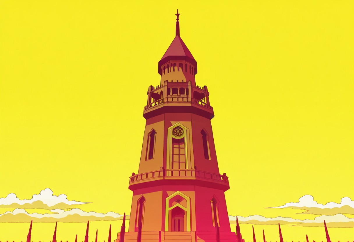 chants_of_sennaar, game screenshot, anime coloring, 
no human, far scenery, tower, tower of babel, tower top, flat top, yellow sky, clouds,