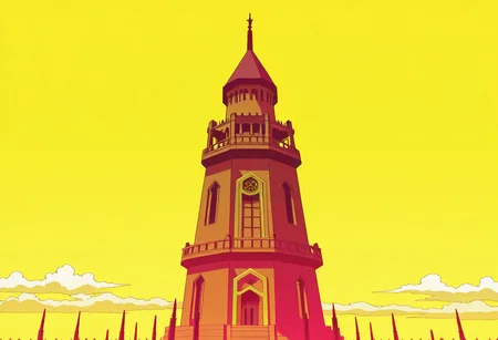 chants_of_sennaar, game screenshot, anime coloring,
no human, far scenery, tower, tower of babel, tower top, flat top, yellow sky, clouds,