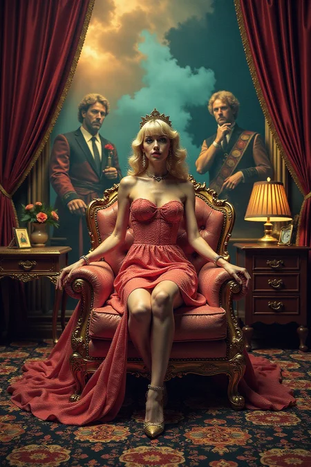 A hyper-saturated, surreal photograph featuring a highly staged and elaborate scene blending a central character, elements of pop culture, art history, and social commentary. The composition is rich with vibrant colors, intricate details, and dramatic lighting, creating a cinematic, larger-than-life atmosphere. The subject matter might include iconic celebrities or symbolic figures in unexpected, fantastical scenarios that explore themes like consumerism, fame, or environmental issues. The image combines high glamour with surreal, dreamlike elements, using bold juxtapositions and complex narratives to provoke thought and challenge perceptions.