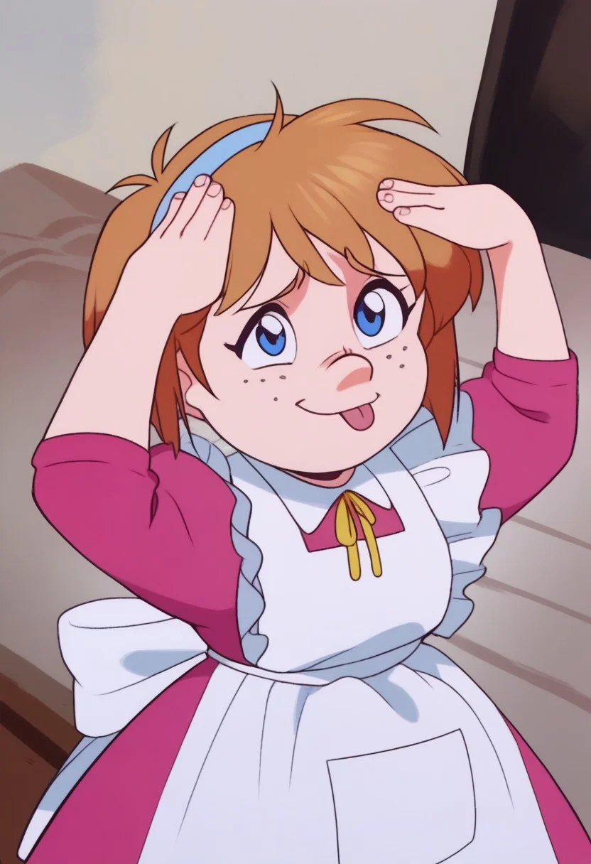 score_9, score_8_up, score_7_up, AhEtoBlehMeme, closed eyes, tongue out, :p, hands on own head, smile, <lora:AhEtoBlehMeme_pdxl_Incrs_v1:1> marie_ec, blue eyes, freckles, short hair, hairband, dress, apron,