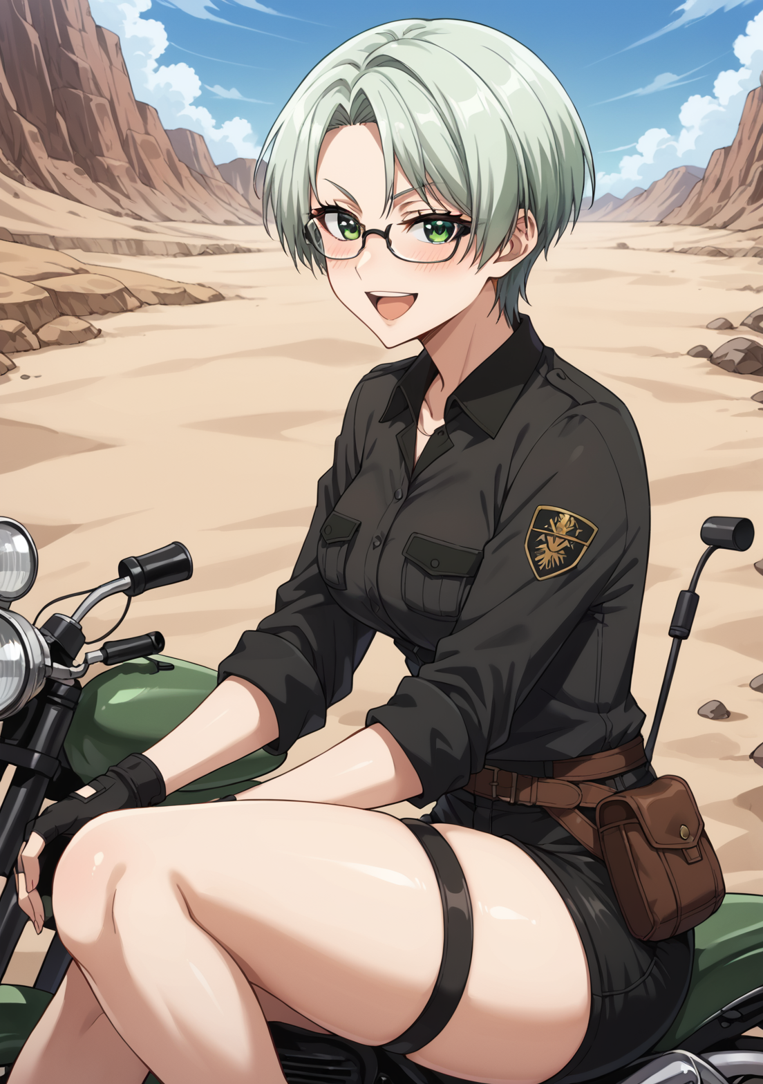 score_9, score_8_up, score_7_up, source_anime, BREAK, Rei Lusa_(ossan newbie adventurer), 1girl, solo, nose, light green hair, short hair, medium breasts, thick thighs, thigh strap, green eyes, smiling, looking at viewer,  smiling, fingerless gloves, black gloves, smug, open mouth, teeth, blushing, black shorts, ((black shirt)),  black military uniform, brown pouch, sitting on sand, holding knee, one knee up, ((tilted camera)), scenery, desert hills,  sleeves rolled up, desert, motorcycle , eyewear on forehead, <lora:Rei_Lucas_ã¬ã¤ã«ã¼ã«ã¹_-_The_Ossan_Newbie_Adventurer-000015:0.8>