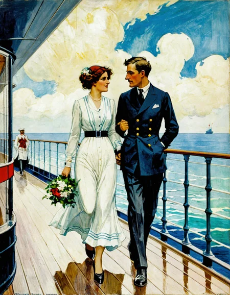 painting by Schoonover of a married couple walking on the deck of an ocean liner headed toward Europe during the summer of 1911, texture, top down, close up <lora:FSchoonover-000003:1>