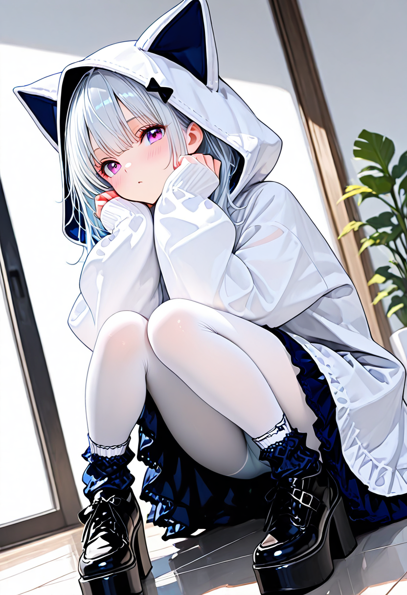 masterpiece, ultra-HD, very aesthetic, 8K, high detail, depth of field, score_9, score_8_up, 
BREAK
BREAK
1girl, solo, 
BREAK
bustle skirt, white dress, sleeves past wrists, white Hood, white pantyhose, dark blue frilly socks, oversize high platform shoes, 
BREAK
<lora:Cat_hood_One-piece_setã­ãã¿ã¿ãã¼ãã¯ã³ã:1>,