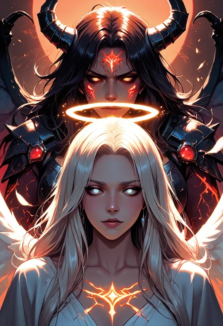 (masterpiece), (best quality), (8k), 2girls, angel and demon, intense stare-down, tension, glowing eyes, magical aura, emissive lighting effects, cinematic lighting, golden hour glow, divine vs infernal contrast, glowing halo above angel, broken or burning halo above demon, floating sparks, glowing tattoos or markings, glowing feathers vs shadowy wings, ambient light particles, symmetrical composition, high detail, soft shadows and light contrast, dramatic environment, detailed armor and flowing cloth, mystical energy in air,
