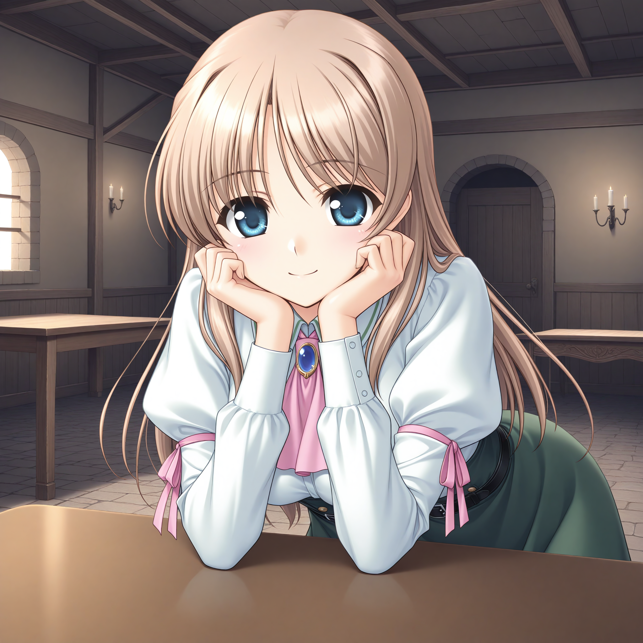 <lora:Fione_Silvaria_1_nai-000014:1>,Fione Silvaria,
white shirt,puffy long sleeves,green skirt,high-waist skirt,sleeve ribbon,pink ribbon,collared shirt,pink ascot,blue brooch,black belt,
1girl,solo,front view,looking at viewer,head rest,table,indoors,leaning forward,hands on own face,smile,kneeling,bedroom,arms on table,arm support,medieval,