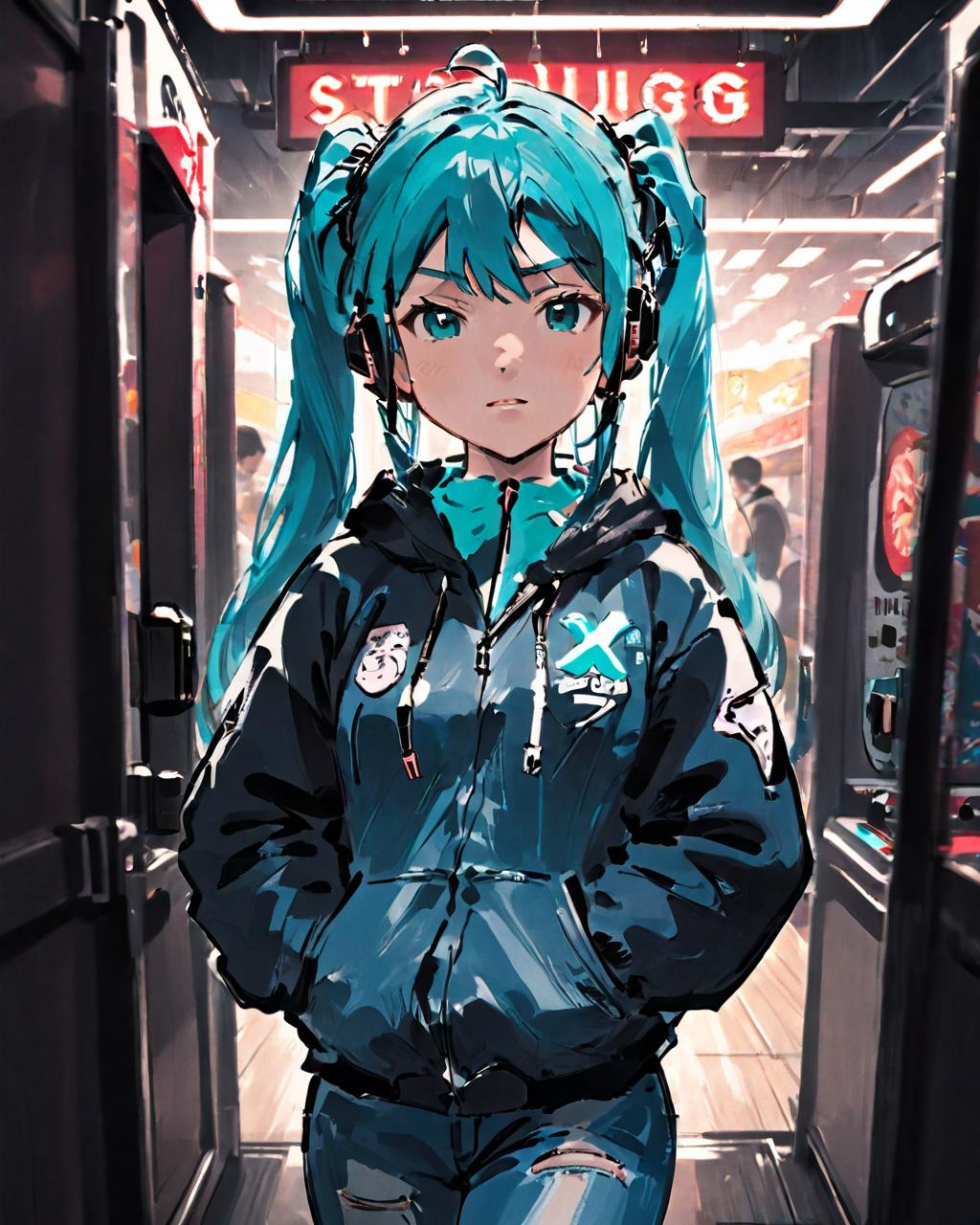 ((masterpiece)),(((best quality))),((illustration)),(depth of field:1.2),(hatsune miku:1.5),
solo,dynamic angle,(1 girl:1.3),bangs,headphones,(disheveled hair),Baseball cap,(jacket|hoodie),jeans,thigh strap,hands in pocket,cowboy shot,
Moody Lighting,(arcade games:1.1),(Game Center:1.5),(Game Hall:1.1),(backlight:1.3),intricate detail,cyberpunk,slot machine,claw crane game machine,(crowd:1.1),
(Pixel particles exploding:1.2),
traditional_ink_painting,<lora:traditional_ink_painting-000007:1>,