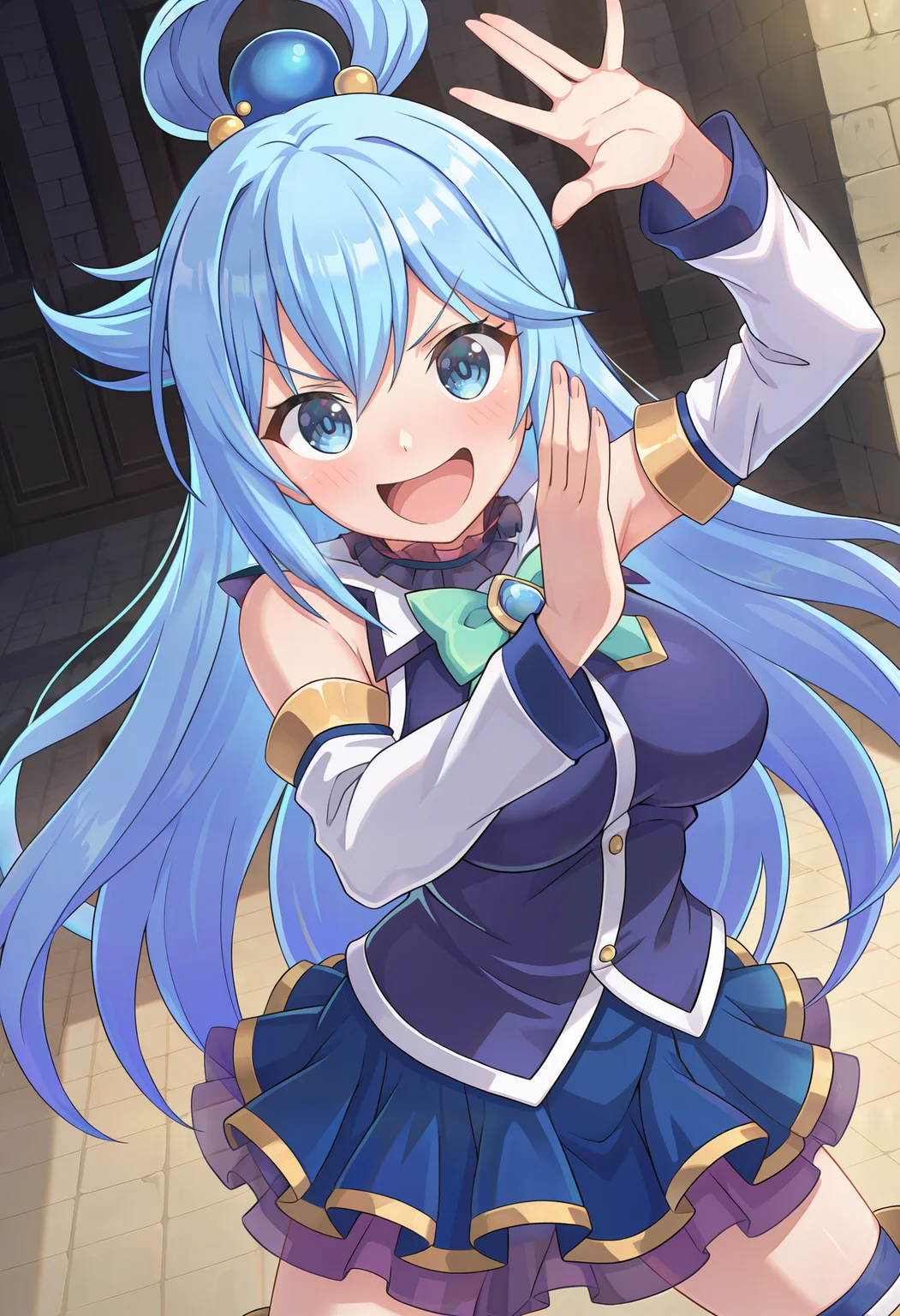masterpiece,best quality,amazing quality, konofan, jojo pose, 1girl, aqua \(konosuba\), solo