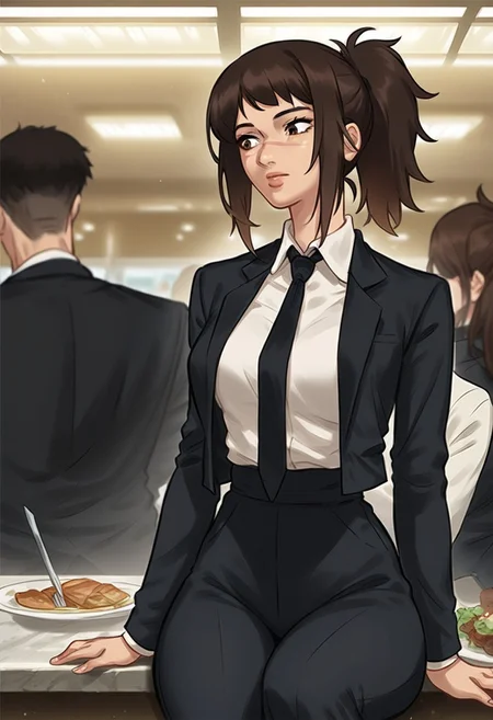 (score_9, score_8_up, score_7_up), 1girl, young adult,medium breasts, slim fit, small waist, sexy thighs, perfect eyes,
brown hair, ponytail, bangs, sidelocks, brown eyes, scar on face, formal, black suit jacket, open jacket, white shirt, collared shirt, shirt tucked in, black necktie, black pants,
Background: Destroyed Cafeteria ,
glossy, pretty girl, focus on girl, aesthetic,