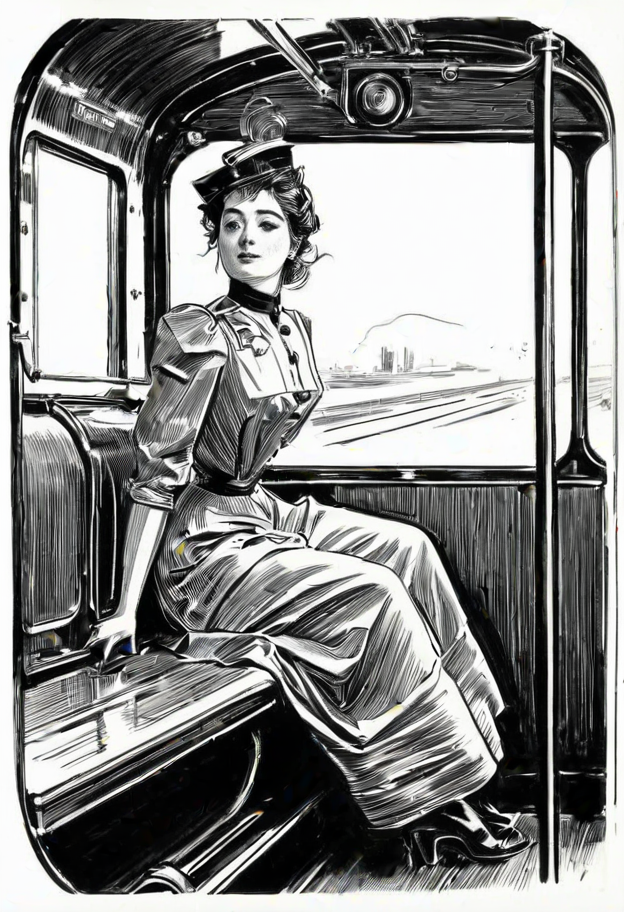 black ink drawing of attractive flirtatious woman riding in a pneumatic train car cylinder,  dieselpunk, decopunk, three quarter profile, expressive composition, shirtwaist, monochrome, line art illustration by g1bs0n  <lora:Gibson_XL:1>