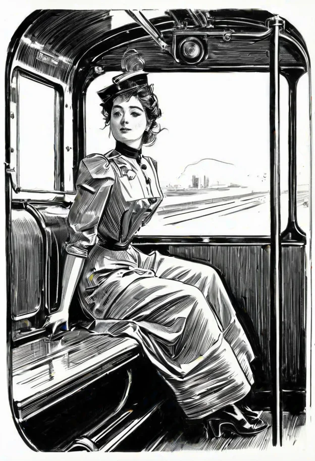 black ink drawing of attractive flirtatious woman riding in a pneumatic train car cylinder, dieselpunk, decopunk, three quarter profile, expressive composition, shirtwaist, monochrome, line art illustration by g1bs0n <lora:Gibson_XL:1>