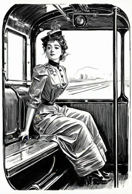 black ink drawing of attractive flirtatious woman riding in a pneumatic train car cylinder,  dieselpunk, decopunk, three quarter profile, expressive composition, shirtwaist, monochrome, line art illustration by g1bs0n  <lora:Gibson_XL:1>