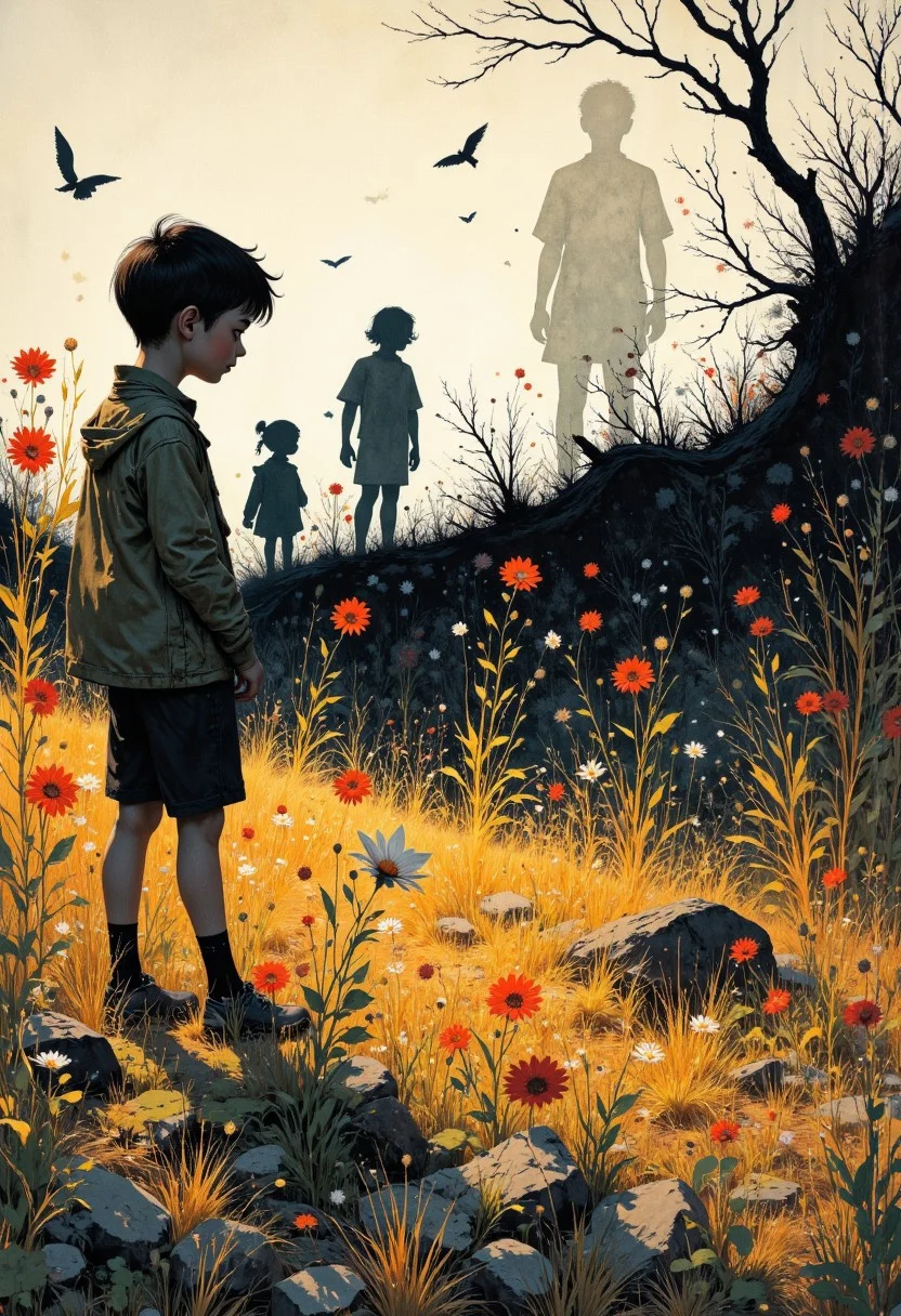 Create a beautifully detailed drawing capturing a fantastical world infused with nostalgia and shadowy intrigue. The style features clean, confident outlines with soft watercolor washes, balancing warmth and accessibility with intricate detail. The palette contrasts muted tones—warm ochres, soft reds, creamy whites—with stark, inky blacks, creating a dramatic interplay of light and shadow that evokes both innocence and mystery. The atmosphere blends vintage children’s book charm with an eerie undertone, as if balanced between reality and a shadowy dreamscape.
Characters should have naturalistic proportions and subtle expressiveness, their features gently exaggerated to reflect curiosity, resilience, or vulnerability. Dynamic shadow puppet figures may emerge in the background, their silhouettes adding to the narrative and reinforcing the duality of light and shadow. The focus will be on a specific subject—In a field of tall, swaying grasses, Henry notices shadow flowers growing beside the real ones, their dark shapes faintly outlined in silver. When the wind blows, the shadows ripple unnaturally, whispering secrets that only the night can hear—carefully integrated into the scene. The composition is grounded yet surreal, seamlessly merging whimsical simplicity with haunting, thought-provoking detail to invite wonder and introspection.