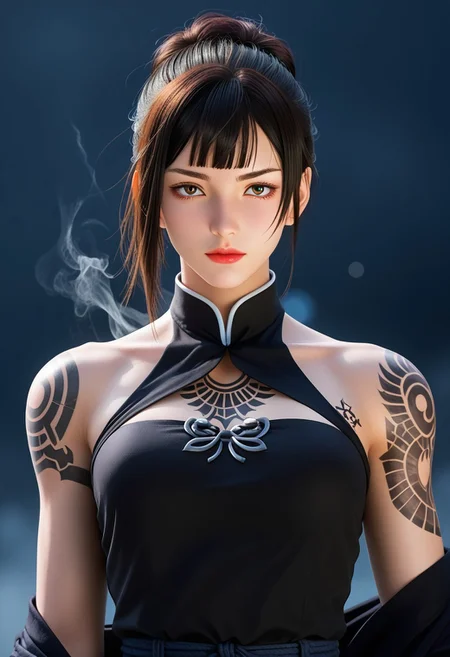 Beautiful and sensual Maki Zenin, from Jujutsu Kaisen anime, wearing a black dress, dark green short emo hair with bangs, natural eyes, body in good shape, sculptural body whit scars, scars on face, beautiful face, perfect drawing, anime style, highly and insanely detailed, good resolution, super efficient light, sharp focus, splashes of dark black, smoke, diodes, beautiful figure, dark shaded, digital art, fully and incredibly detailed, dark art, wide angle, modern art. This mysterious scene is set against a backdrop of a dimly lit archway or cavernous setting with columns visible in the shadows. The background is blurred with soft lights creating a bokeh effect, primarily featuring cool tones of cyan and amber yellow. This atmospheric lighting enhances the mystical and otherworldly mood of the scene, drawing attention to the character's elaborate costume and intricate details. The overall composition emphasizes the subject's mystical and ethereal nature, while the high contrast, vivid colors, and balanced exposure contribute to the captivating visual impact of this fantastical 3D rendering. chuxue, sarashi-fundoshi.