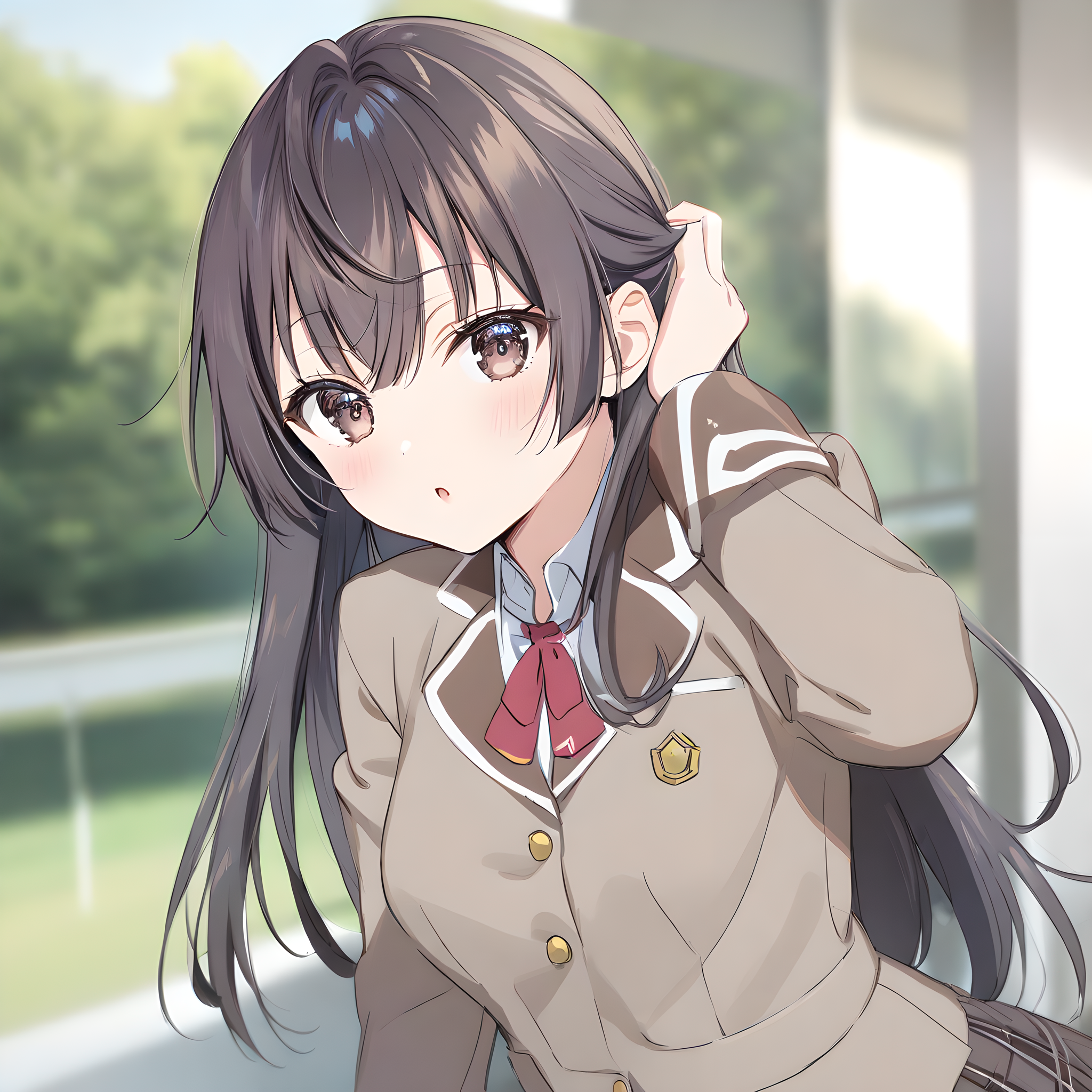 suou_yuki, brown hair, brown eyes, long hair, solo, 1girl, medium breasts, school uniform, skirt, jacket, :O, parted lips, looking at viewer, school background, <lora:XL-SuouYuki:1>