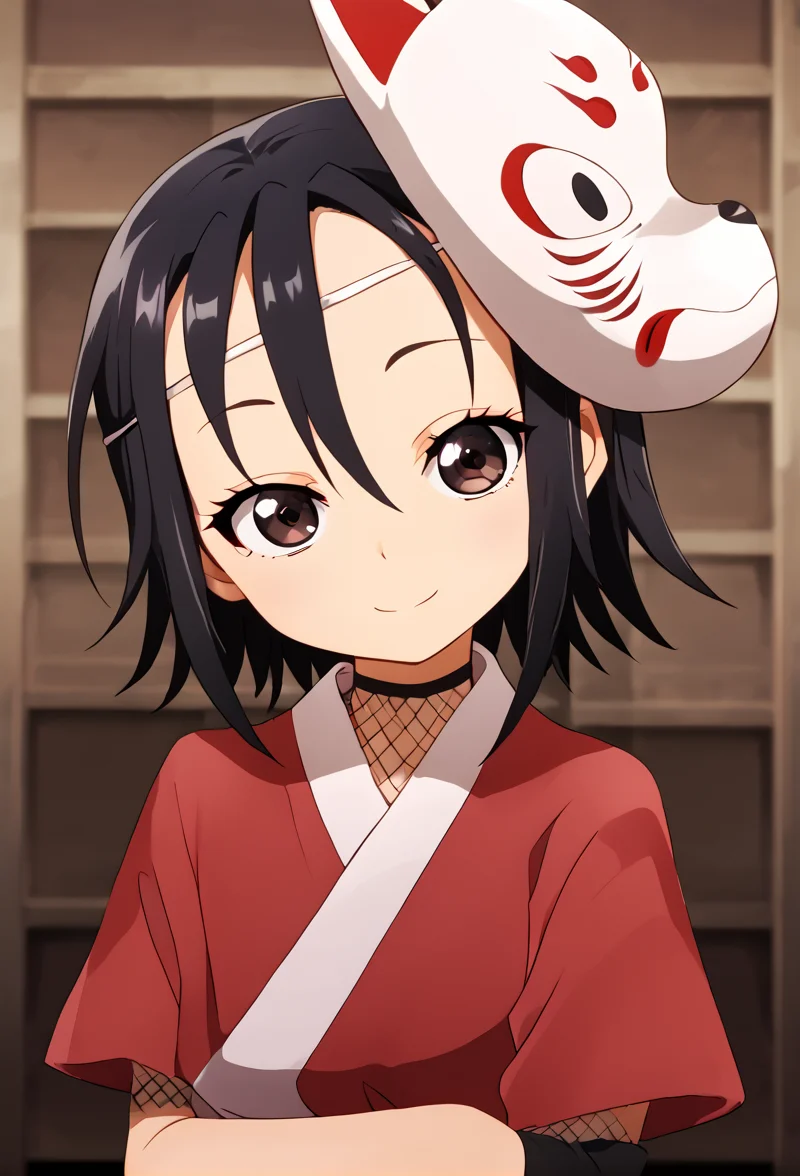 <lora:rindou:1> rindo, solo, smile, looking at viewer, japanese clothes, fox mask, mask on head,