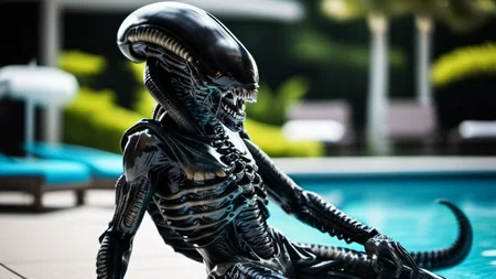 Xenomorph1024, an alien sunbathing at the pool, highly detailed, photography, ultra sharp, film, bokeh, professional, 4k  <lora:Xenomorph1024:0.8>
