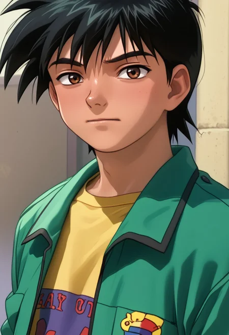 1boy, solo, Hajime Aoyama, Black Hair, Brown Eyes, Green Jacket, Yellow T-Shirt, Khaki Pants , 1990s Anime, Retro Anime Style
