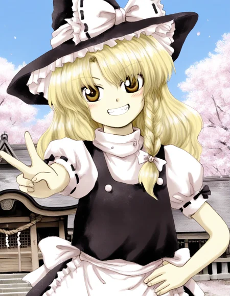 masterpiece, best quality, very aesthetic, absurdres, EoSD, solo, 1girl, kirisama marisa, witch hat, puffy short sleeves, hakurei shrine, upper body, looking at viewer, grin, v, hand on own hip, outdoors, blue sky, cherry blossoms, vignetting, <lora:EoSD:1>