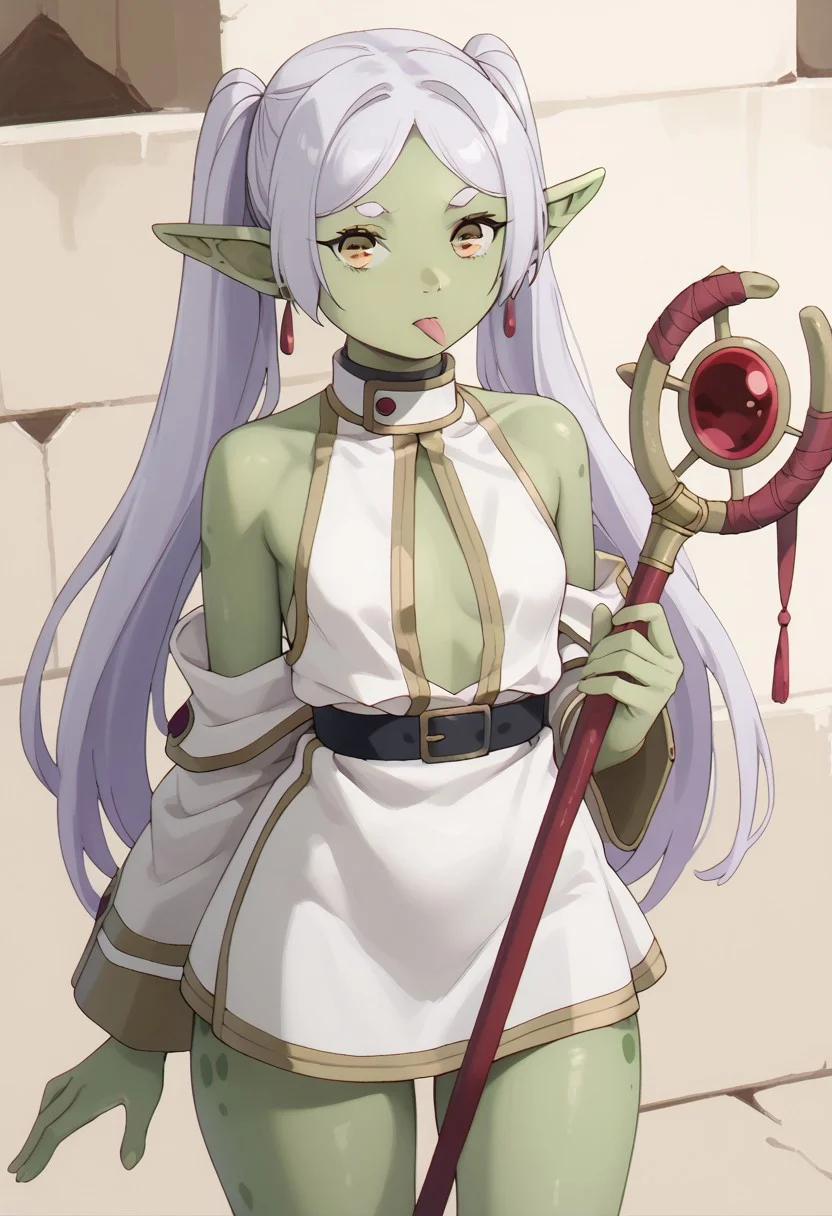 score_9, score_8_up, score_7_up, score_6_up, score_5_up, score_4_up, skinny, petite body, ((wide hips)), (green skin:1.4), multicoloured skin, (two tone skin:1.3), slimy, slimy skin, FroGirl, webbed hands, horizontal_pupils, webbed feet, anthro, frog girl, yellow eyes, horizontal pupils, white hair, small breasts, (mottled skin:1.4),
BREAK
Tongue out, very long tongue, sfrieren, pointed ears, staff,
BREAK
small breasts, (anthro:1.2), displeased, annoyed, confusion,