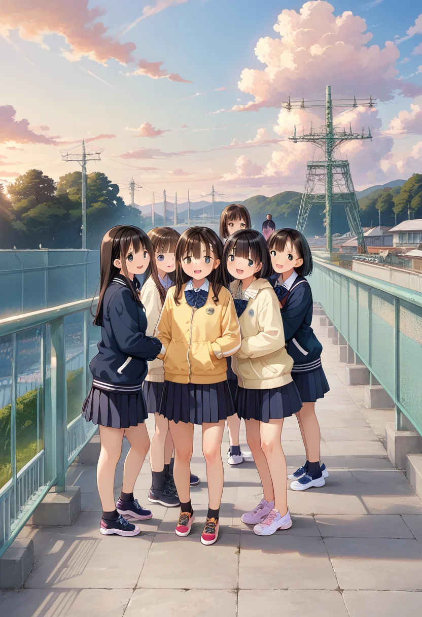 score_9, score_8_up, score_7_up, rating_safe, masterpiece, best quality, absurdres, unity 8k wallpaper, official art, official style, source_anime, uncensored, game cg, megami magazine,
okujyou, multiple girls, outdoors, school uniform, skirt, scenery, jacket, cloud, long hair, sky, 6+girls, shoes, sneakers, black hair, brown hair, short hair, multiple boys, black skirt, track jacket, pleated skirt
<lora:gakkou_okujyo_PONY_V1:1>