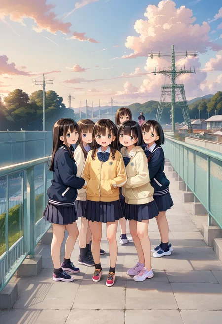 score_9, score_8_up, score_7_up, rating_safe, masterpiece, best quality, absurdres, unity 8k wallpaper, official art, official style, source_anime, uncensored, game cg, megami magazine,
okujyou, multiple girls, outdoors, school uniform, skirt, scenery, jacket, cloud, long hair, sky, 6+girls, shoes, sneakers, black hair, brown hair, short hair, multiple boys, black skirt, track jacket, pleated skirt
<lora:gakkou_okujyo_PONY_V1:1>