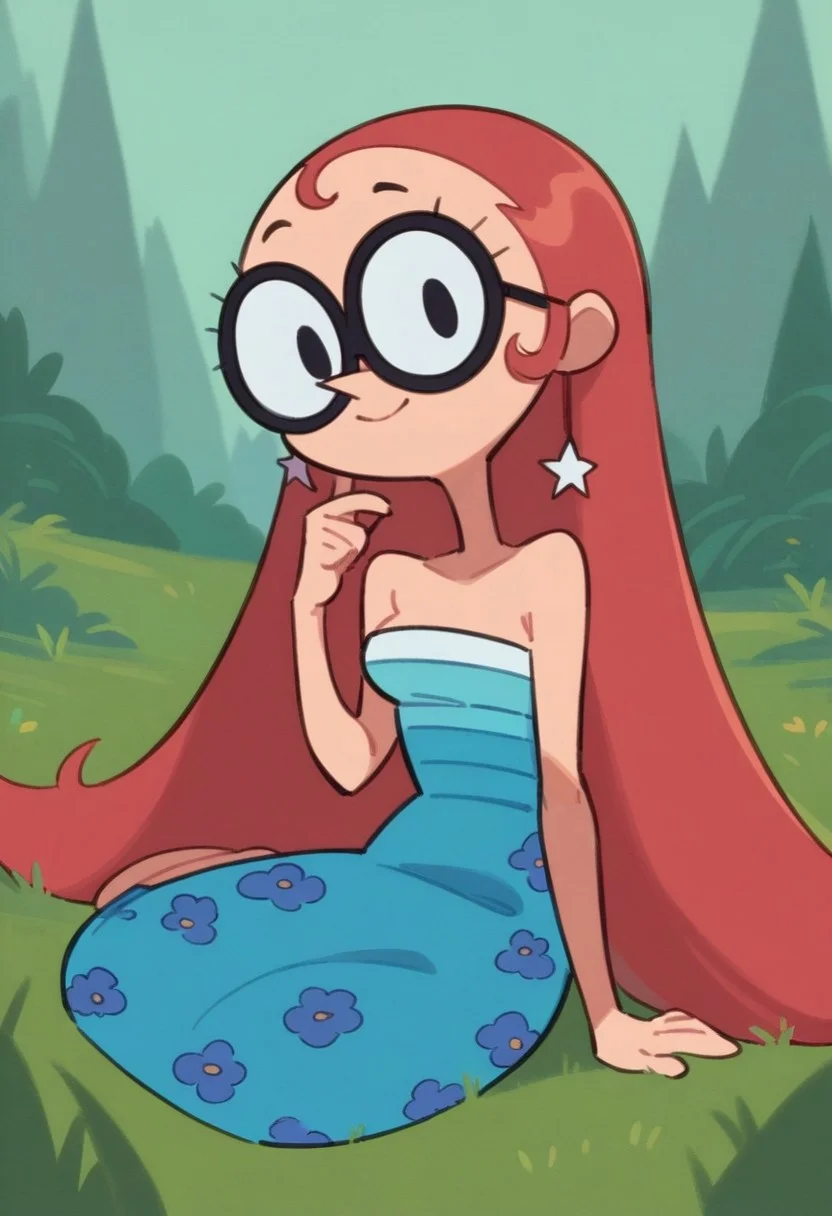 score_9_up, score_8_up, score_7_up, cartoon, 1girl, oceanbird, red hair, long hair, glasses, star earrings, blue dress, strapless dress, looking at viewer, smile, closed mouth, full body, sitting on the ground