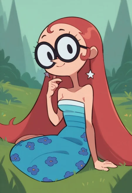 score_9_up, score_8_up, score_7_up, cartoon, 1girl, oceanbird, red hair, long hair, glasses, star earrings, blue dress, strapless dress, looking at viewer, smile, closed mouth, full body, sitting on the ground