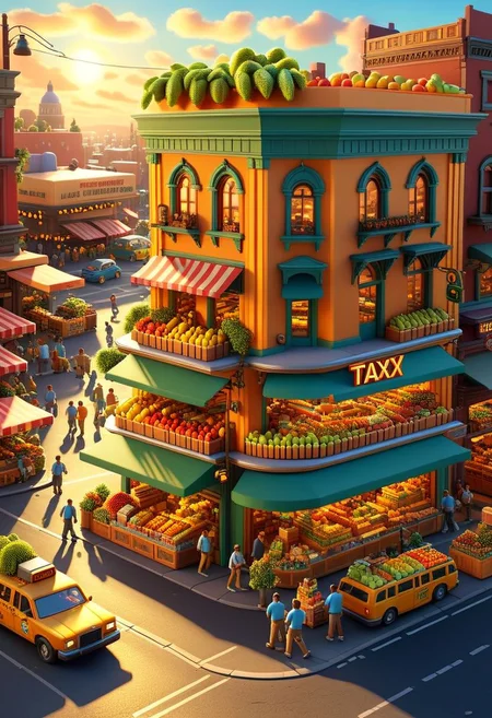 ispzxll, diorama, isometric, miniature, futuristic busy street corner market scene, golden hour, long shadows, volumetric lighting style, pedestrian crowds, fruit stands, parked cars, traffic light, storefronts, taxi cab, trash can, epic architecture, intricate details, potted plants, ultra-detailed, 8k, fluffy clouds